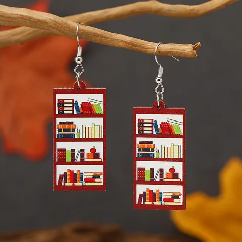 Kreative Holz Bücherregal Hängeohrringe Für Buchliebhaber Lehrer Gelehrte Holzdruck Wolke Herz Schulbus Formen Abschluss Saison Ohrringe Damen Schmuck