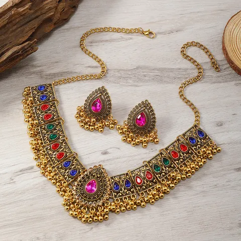 Vintage Ethnic Alloy Rhinestone Jewelry Set Bohemian Indian Style Tassel Necklace And Drop Earrings For Women Party Gift