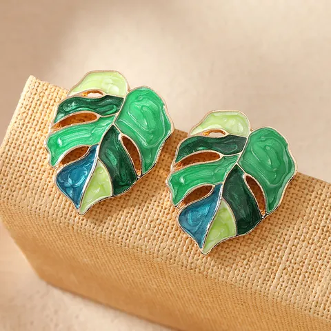 Alloy Monstera Leaf Stud Earrings Tropical Plant Drip Oil Enamel Gold Green Yellow Summer Jewelry For Women Gift