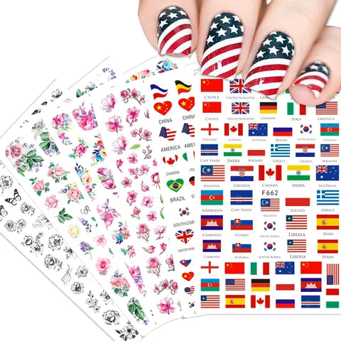 3D Self Adhesive Nail Art Stickers Watercolor Floral Butterfly National Flag Designs DIY Manicure Decals For Women Decoration