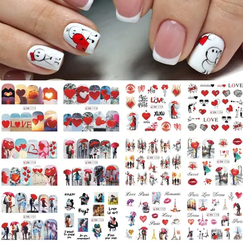 Valentinstag Nagelkunst-Aufkleber Wasser-Abziehbilder Herz Rose Blume Romantisches Paar Design Für DIY Maniküre Damen