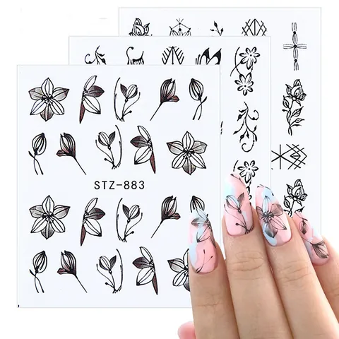 Adesivi per Nail Art Trasferimento d'Acqua Vintage Bordo Nero Floreale Farfalla Modelli per Donna DIY Manicure Decorazione