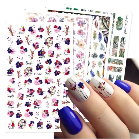 Stile Giapponese Fiori Foglia Adesivi per Unghie 3D Autoadesivi Nail Art Decals Con Lettere Inglesi Tropicali Disegni Botanici Per Donna Decorazione