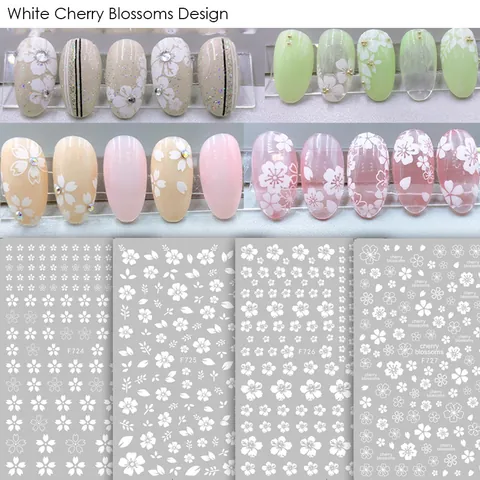 3D Selbstklebend Nagelkunst Aufkleber Kirschblüte Design Japanischer Stil Für Damen Maniküre Dekoration Weiß Gold DIY