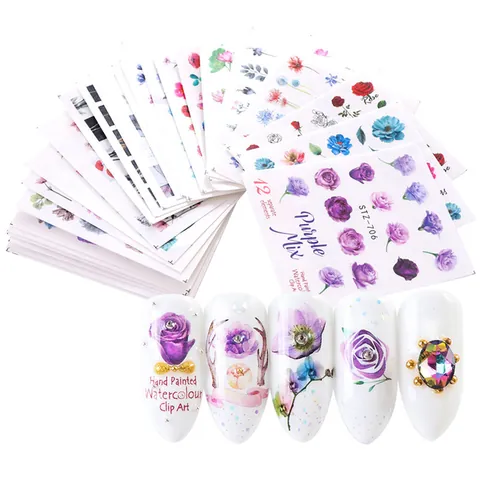 Adesivi per Unghie a Trasferimento d'Acqua Acquerello Fiori Piante Decalcomanie d'Arte per Donna Decorazione Manicure Fai da Te