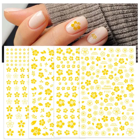 3D Selbstklebend Nagelkunst Aufkleber Kirschblüte Design Japanischer Stil Für Damen Maniküre Dekoration Weiß Gold DIY