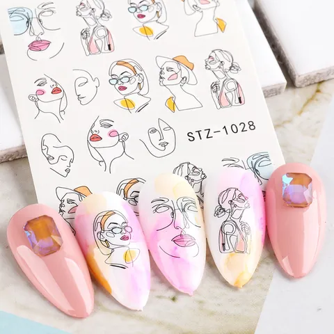 Abstract Face Line Art Nail Stickers Minimalist Geometric Animal Botanical Floral Water Transfer Decals For Women Manicure Decor
