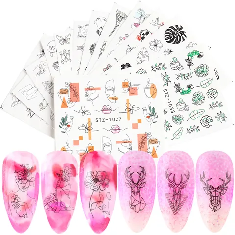 Abstract Face Line Art Nail Stickers Minimalist Geometric Animal Botanical Floral Water Transfer Decals For Women Manicure Decor