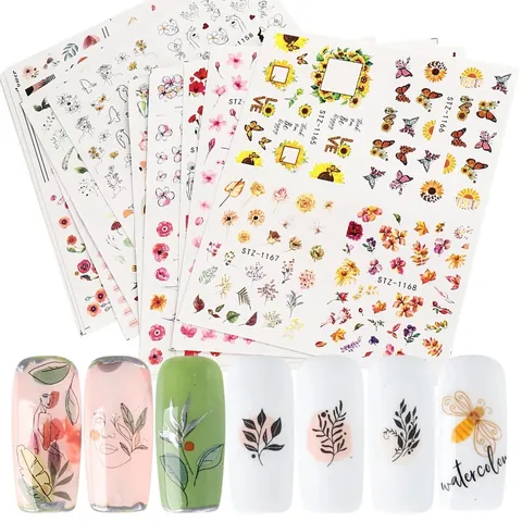 Adesivi per Unghie a Trasferimento d'Acqua con Fiori e Farfalle Acquerello Design Floreale di Girasole per Donna Decorazione Unghie