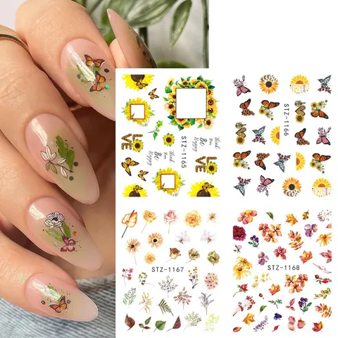Adesivi per Unghie a Trasferimento d'Acqua con Fiori e Farfalle Acquerello Design Floreale di Girasole per Donna Decorazione Unghie