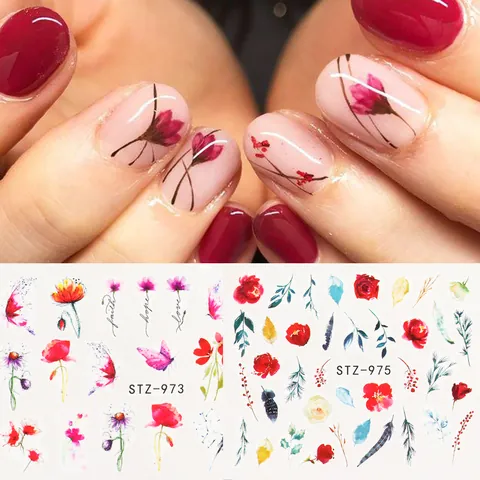 Decalcomanie ad Acqua per Unghie Design Farfalla Floreale Inchiostro Fiori Acquerello Foglie Adesivi per Decorazione Manicure Donna