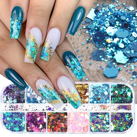 Paillettes per Unghie Esagonali Camaleonte Olegrafiche Laser Glitter Fiocchi Per Fai Da Te Manicure Decorazioni Nail Art Donna