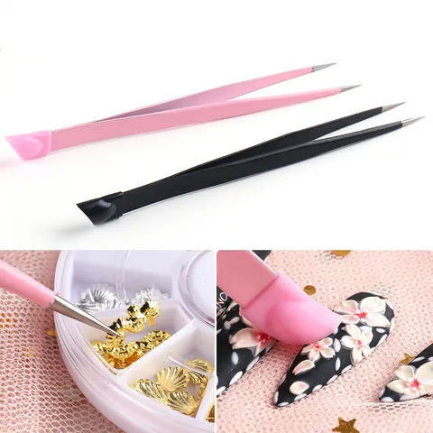 Professional Dual Head Nail Art Tweezers Stainless Steel Precision Pick Up Tool With Silicone Pressing Head For Rhinestones Stickers