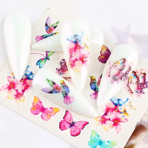 Watercolor Butterfly Flower Nail Stickers Water Transfer Decals Artistic DIY Nail Art Decoration Manicure Tools For Women