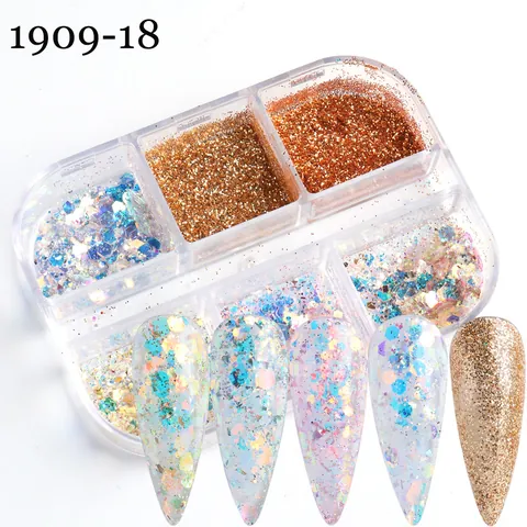 6 Grids Irriserende Nail Art Glitter Pailletten Set Gemengde Zeshoekige Vlokken Symfonie Goud Blauw Paars Glanzende Manicure Decoratie Accessoires