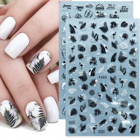 3D Nagelkunst Aufkleber Sommer Tropische Blätter Flamingo Geometrische Linien Herz Schwarz Weiß Lasersilber Selbstklebend Nagel Deko