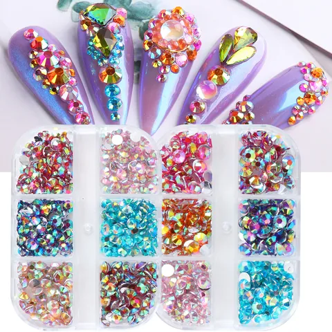 6 Grids Rainbow AB Resin Rhinestones For Nail Art Flatback Round Nail Crystals Jelly Color Charms DIY Manicure Decorations