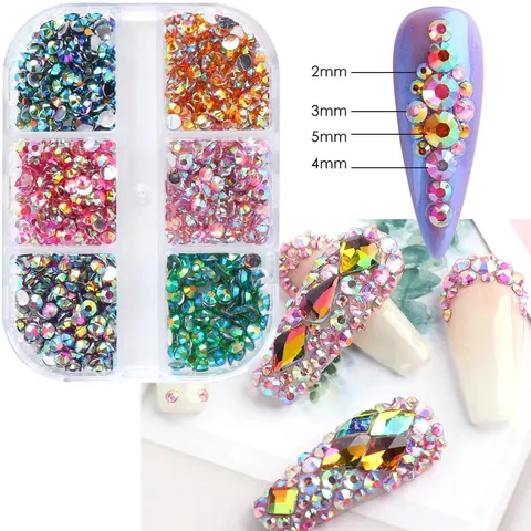 6 Grids Rainbow AB Resin Rhinestones For Nail Art Flatback Round Nail Crystals Jelly Color Charms DIY Manicure Decorations