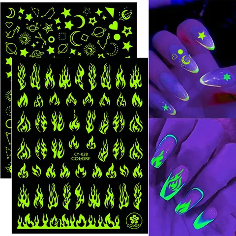 Leuchtende Nagelaufkleber Im Dunkeln Leuchtend Flamme Schmetterling Mond Herz Blume Stern Selbstklebende Nagelsticker DIY Maniküre Dekoration