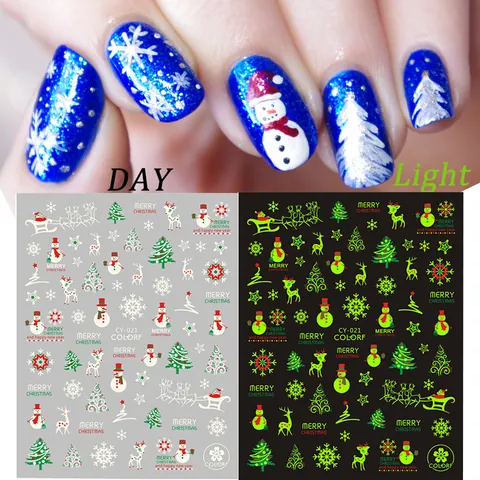 Adesivi per Unghie Natalizi Luminosi Glow In The Dark Babbo Natale Renna Fiocco di Neve Autoadesivi DIY Decorazione