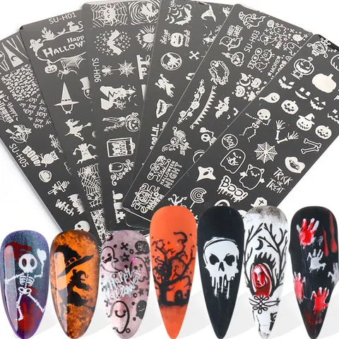 Edelstahl Nagel Stempelplatten Kollektion Halloween Weihnachten Schneeflocke Kürbis Skelett DIY Nagel Kunst Deko Vorlagen