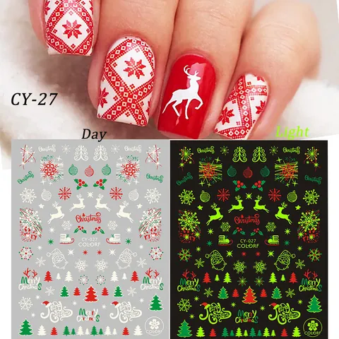 Adesivi per Unghie Natalizi Luminosi Glow In The Dark Babbo Natale Renna Fiocco di Neve Autoadesivi DIY Decorazione