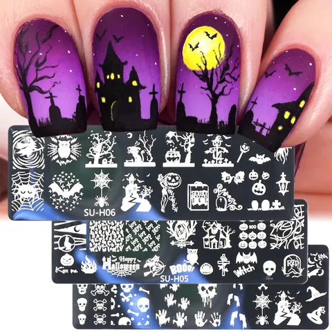 Halloween Nagel Stempelplatte Edelstahl Kürbis Skelett Fledermaus Spinnennetz Muster Nail Art DIY Schablone Vorlage