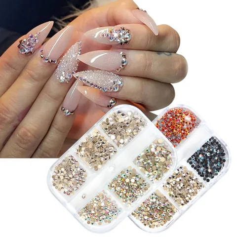 Flatback Glass Nail Rhinestones Aurora AB Crystal Round Beads For DIY Manicure Decoration Multi Colors Gold Base