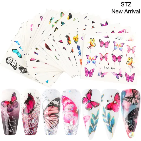 Adesivi per Nail Art a Farfalla Decalcomanie a Trasferimento d'Acqua Stile Ins Giapponese Farfalla Fiori Bianchi Neri Colorati per Decorazione Unghie Fai da Te