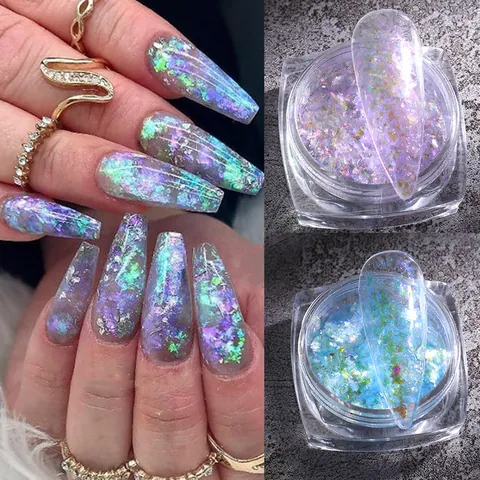 Iridescent Aurora Nail Glitter Flakes Opal Powder Nail Art Decoration Laser Glass Paper Sequins Manicure Accessories