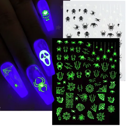 Adesivi per Unghie Halloween Luminosi 3D Glow In The Dark Fantasma Zucca Ragno Pipistrello Fiocco di Neve Decalcomanie Decor
