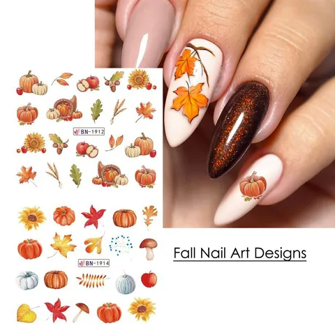 Autumn Maple Leaf Pumpkin Thanksgiving Nail Art Water Stickers Women DIY Manicure Decor Leaf Animal Alphabet Decal