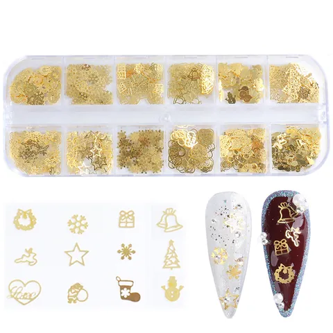 Goldene Weihnachts-Hohlmetall-Nagelkunst-Dekorationsscheiben Schneeflocken Elch Schneemann Stern Herz Für Festliche DIY-Maniküre Damen