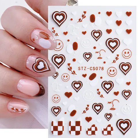 Autocollants de Nail Art Auto-adhésifs 3D Damier Cœur Visage Souriant Lignes Abstraites Flamme Stickers pour Ongles Femme Fille
