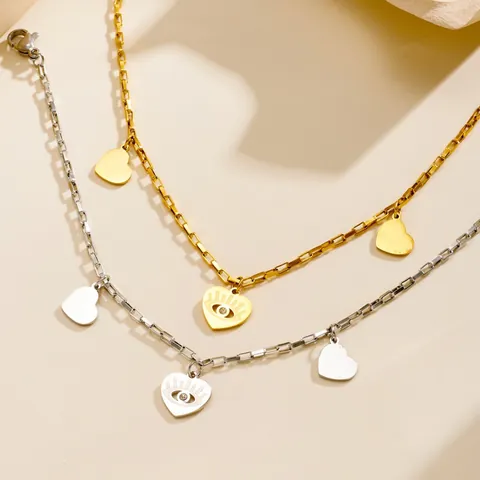 Bracelet de Cheville Cœur Double Couche en Acier Inoxydable Vintage pour Femme Pendentif Strass Mauvais Œil Plaqué Or Argent