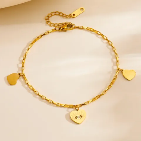 Bracelet de Cheville Cœur Double Couche en Acier Inoxydable Vintage pour Femme Pendentif Strass Mauvais Œil Plaqué Or Argent