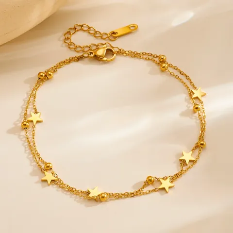Minimalist Stainless Steel Double Layer Star Anklet For Women Gold Silver Plated Bead Pentagram Tassel Foot Jewelry Gift
