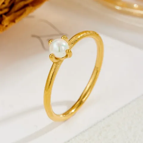 Modern Stainless Steel Pearl Ring For Women Elegant Gold Plated Thin Band Four Claw Faux Pearl Minimalist Jewelry Finger Ring Gift