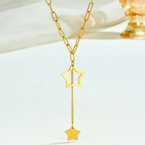 Stainless Steel Paperclip Chain Necklace With Hollow And Solid Star Pendant For Women Gold Plated Y-Shaped Clavicle Jewelry Gift
