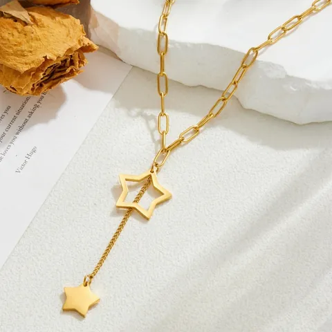 Stainless Steel Paperclip Chain Necklace With Hollow And Solid Star Pendant For Women Gold Plated Y-Shaped Clavicle Jewelry Gift