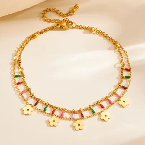 Cavigliera a Doppio Strato in Acciaio Inossidabile Con Pendenti a Fiore Oro Perline di Smalto Colorato Gioielli Piedi Donna