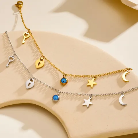 Bracelet de Cheville en Acier Inoxydable pour Femme Or Argent Pendentif Cœur Étoile Lune Bracelet Pied Réglable Mode