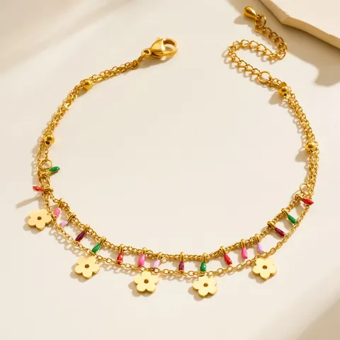 Cavigliera a Doppio Strato in Acciaio Inossidabile Con Pendenti a Fiore Oro Perline di Smalto Colorato Gioielli Piedi Donna