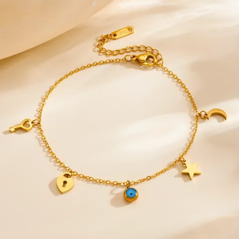 Bracelet de Cheville en Acier Inoxydable pour Femme Or Argent Pendentif Cœur Étoile Lune Bracelet Pied Réglable Mode