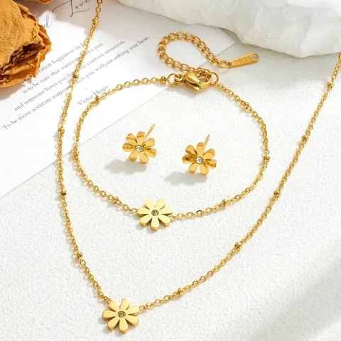 Gold Plated Stainless Steel Little Daisy Pendant Necklace Bracelet Stud Earrings Set For Women Flower Zirconia Jewelry