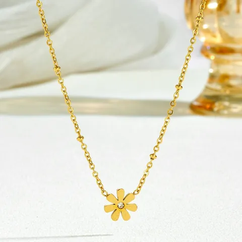 Gold Plated Stainless Steel Little Daisy Pendant Necklace Bracelet Stud Earrings Set For Women Flower Zirconia Jewelry
