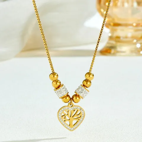 Gold Plated Stainless Steel Heart Tree Of Life Pendant Necklace With Zirconia Accents Fashion Jewelry Gift For Women Clavicle Chain