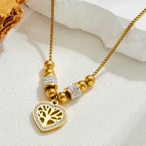 Gold Plated Stainless Steel Heart Tree Of Life Pendant Necklace With Zirconia Accents Fashion Jewelry Gift For Women Clavicle Chain