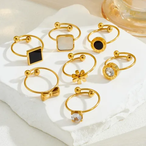 Women's Stainless Steel Gold Open Ring Zirconia Bowknot Daisy Flower Geometric Roman Numeral Minimalist Adjustable Ring Jewelry