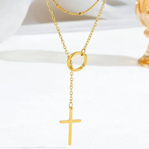 Stainless Steel Double Layered Cross Pendant Necklace For Women Minimalist Gold Plated Y-Shape Bead Chain Religious Fashion Jewelry